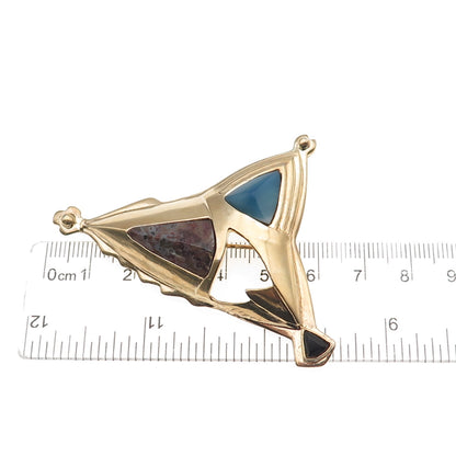 925 Sterling Silver Gold Plated Vintage Real Agate & Onyx Modernist Pin Brooch
