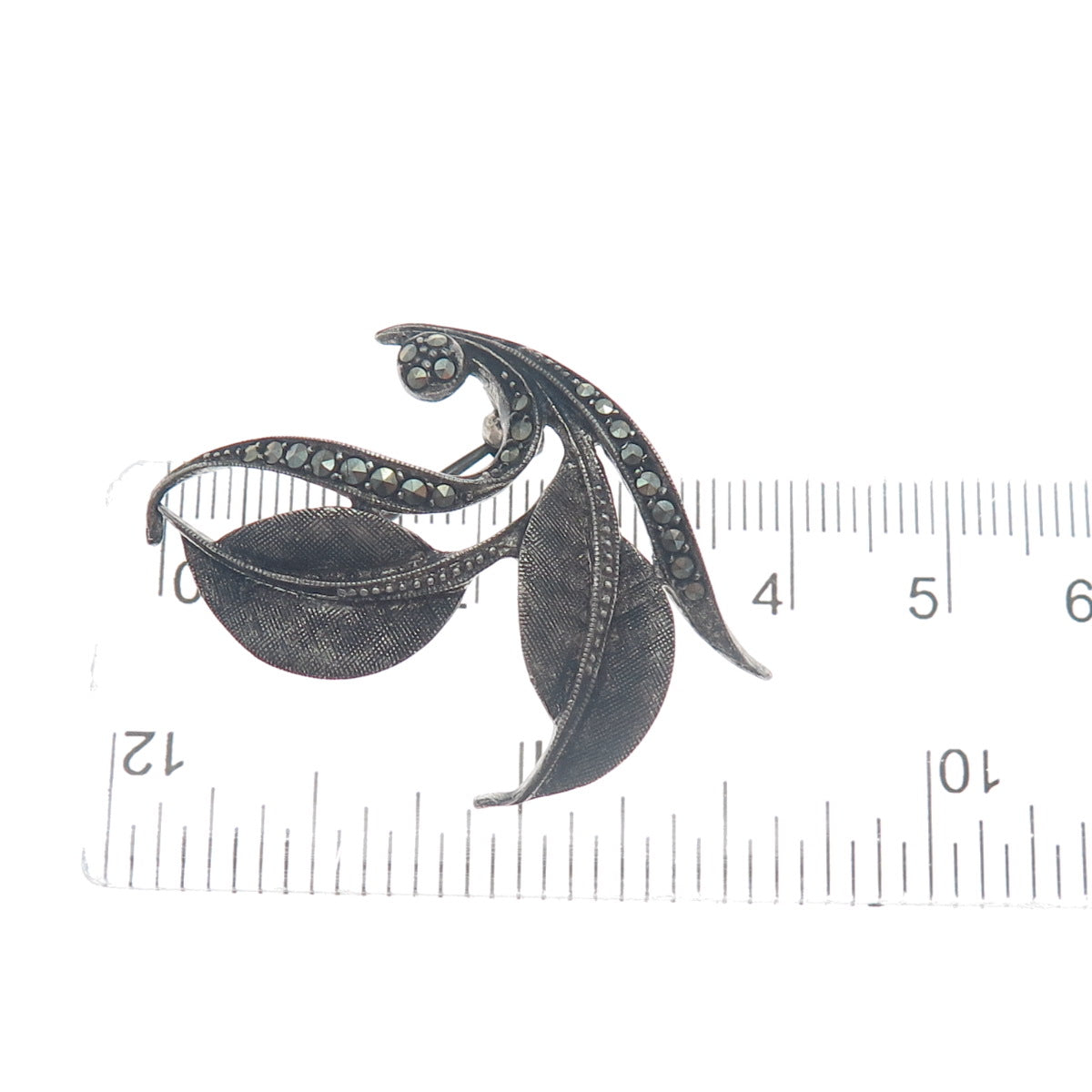 925 Sterling Silver Antique Germany Real Marcasite Floral Leaf Oxidized Brooch