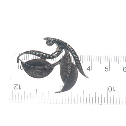 925 Sterling Silver Antique Germany Real Marcasite Floral Leaf Oxidized Brooch