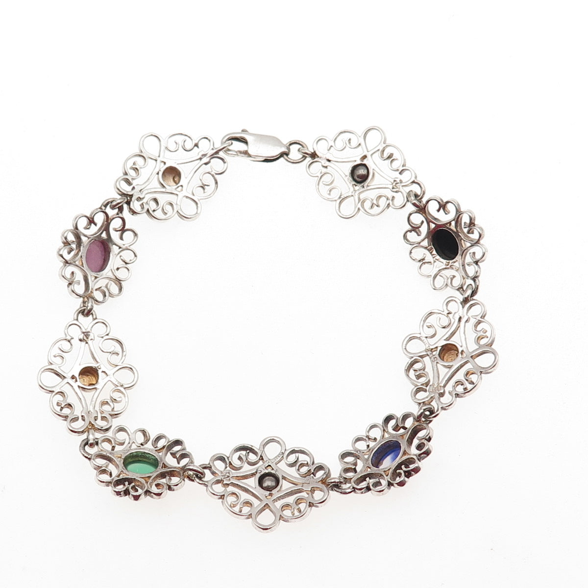 925 Sterling Silver Real Green & Black Onyx Moonstone Rose Quartz Bracelet 7.5"