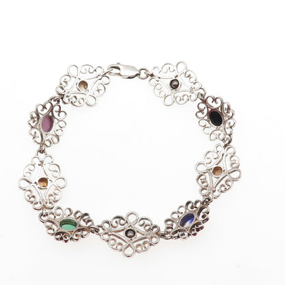 925 Sterling Silver Real Green & Black Onyx Moonstone Rose Quartz Bracelet 7.5"