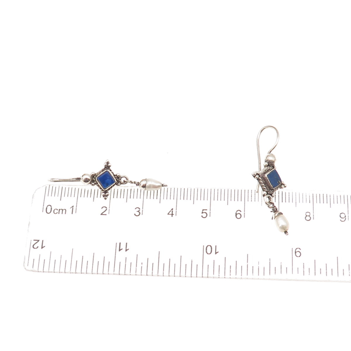 925 Sterling Silver Vintage Real Lapis & Pearl Modernist Dangle Earrings