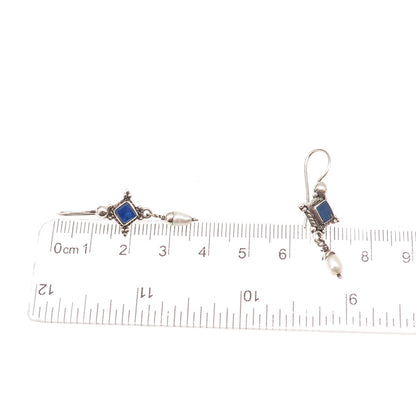 925 Sterling Silver Vintage Real Lapis & Pearl Modernist Dangle Earrings