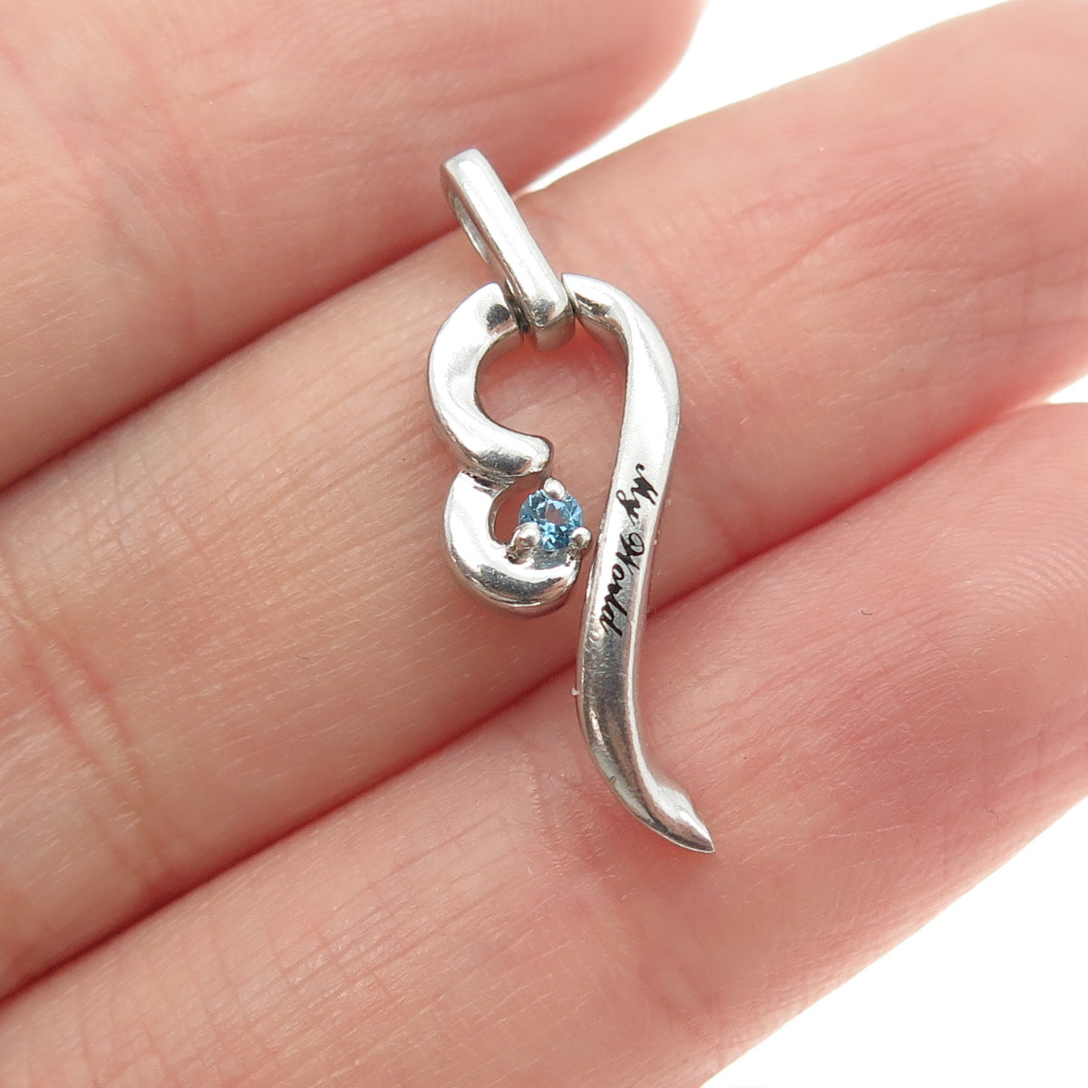 925 Sterling Silver Real Blue Topaz "My World" Heart Minimalist Pendant