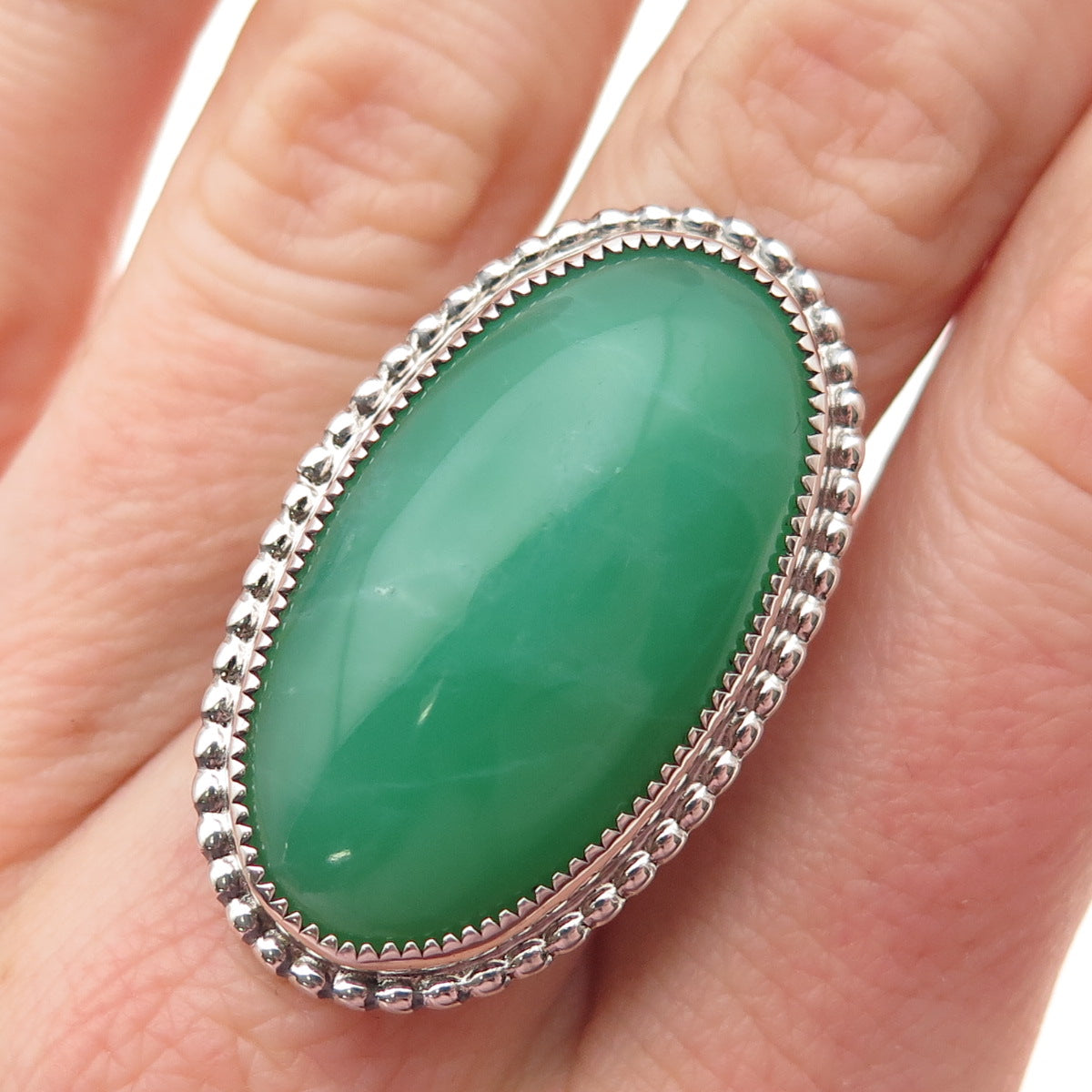925 Sterling Silver Vintage Real Cabochon Jade Statement Ring Size 9.75