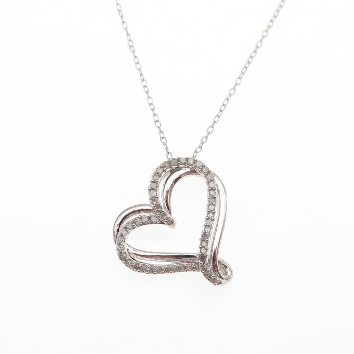 925 Sterling Silver Real Round-Cut Diamond Heart Cable Chain Necklace 20"