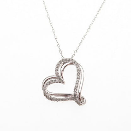 925 Sterling Silver Real Round-Cut Diamond Heart Cable Chain Necklace 20"