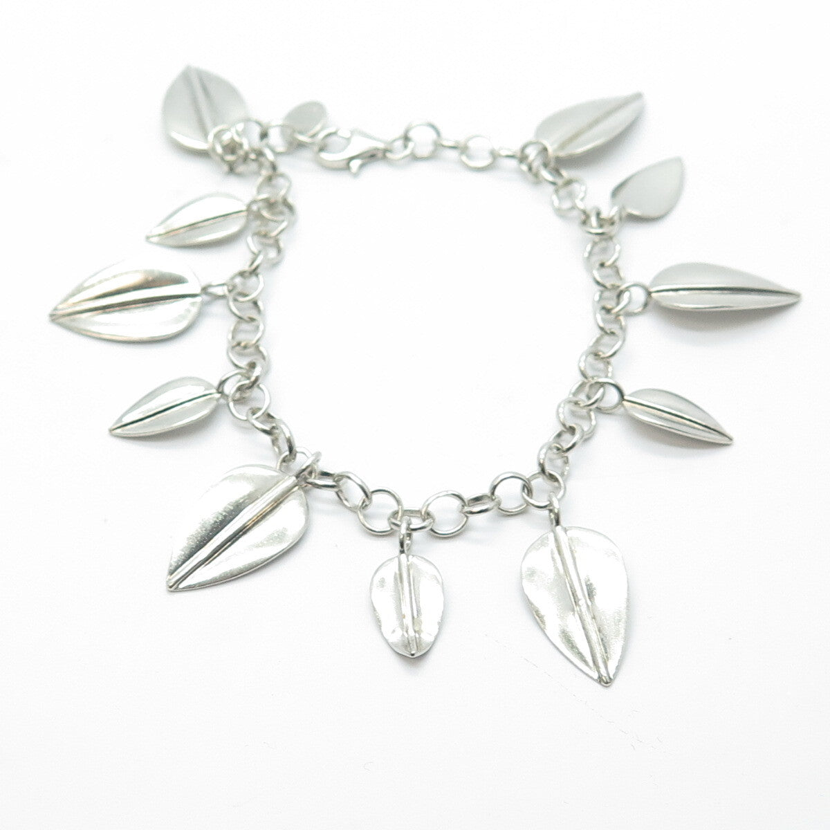 925 Sterling Silver Vintage Floral Leaf Charm Rolo Link Bracelet 7.5"