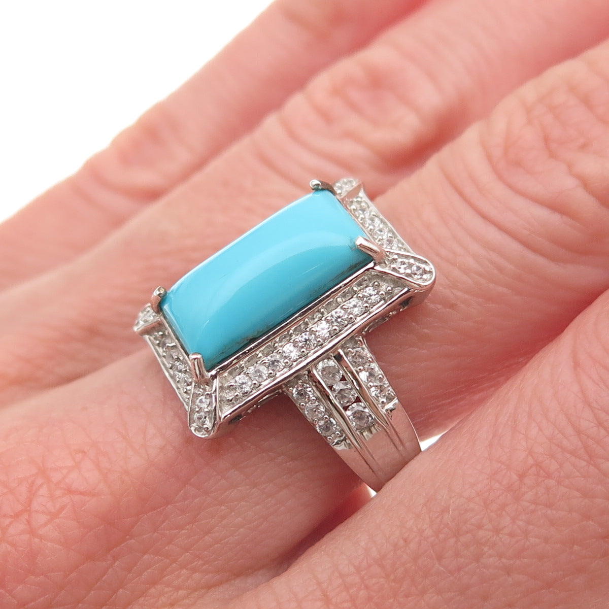 D'Joy 925 Sterling Silver Real Turquoise & White Topaz Ring Size 8.25