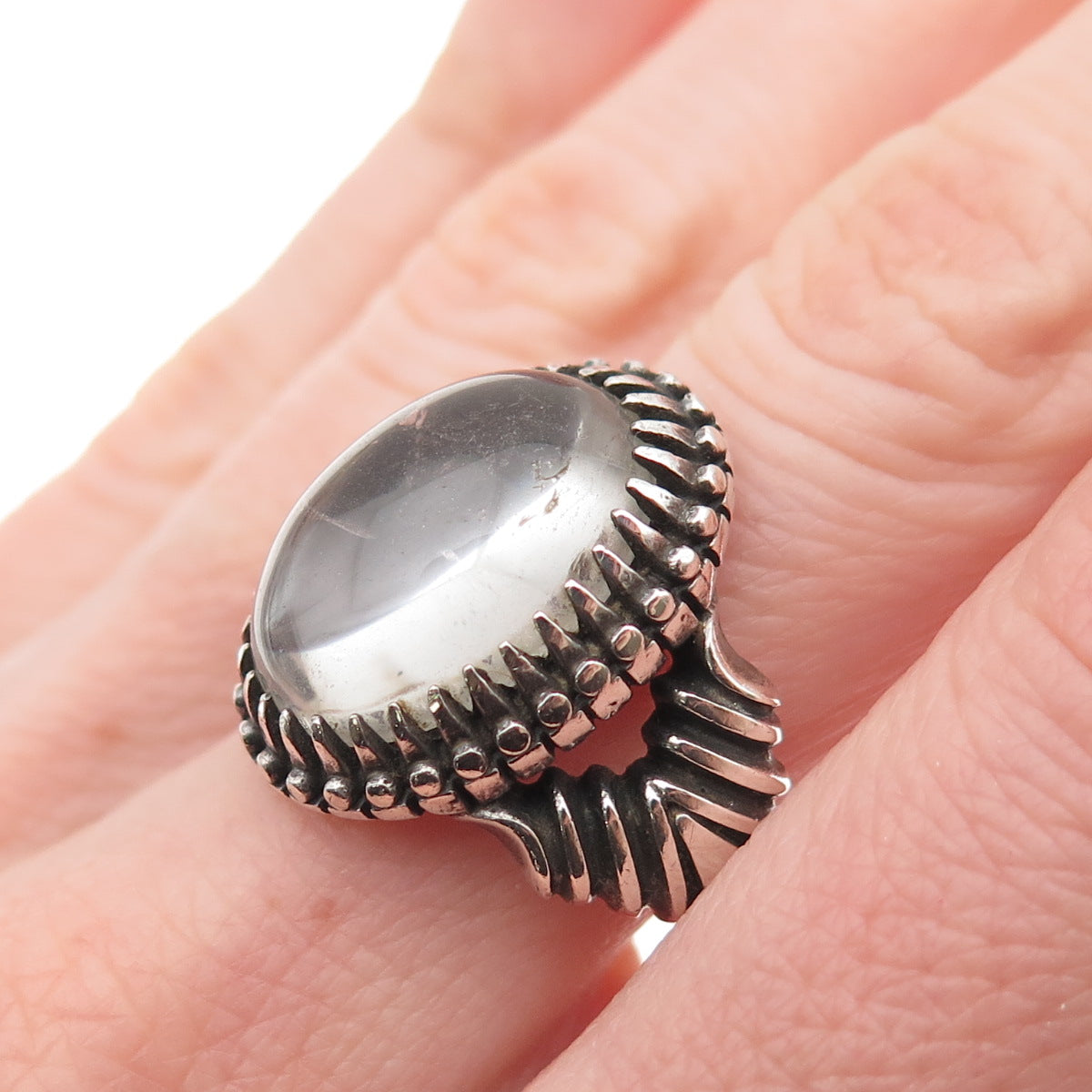 925 Sterling Silver Vintage Real Clear Quartz Modernist Oxidized Ring Size 9.25