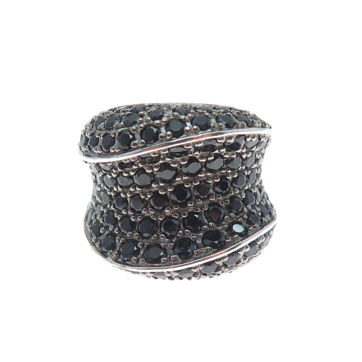 925 Sterling Silver Real Round-Cut Black Spinel Modernist Wavy Ring Size 5.25