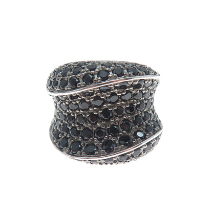 925 Sterling Silver Real Round-Cut Black Spinel Modernist Wavy Ring Size 5.25