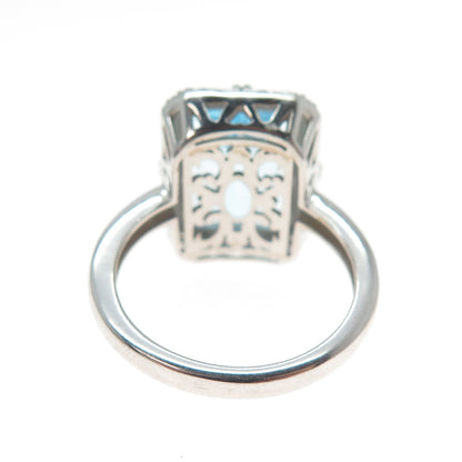 DSMK 925 Sterling Silver Real Emerald-Cut Blue Topaz & C Z Ring Size 7.5