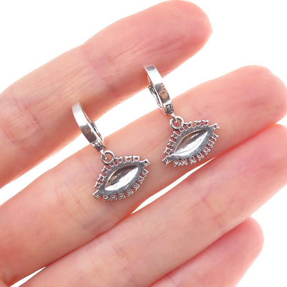 925 Sterling Silver Enamel & C Z Evil Eye Dangle Charm Hoop Earrings