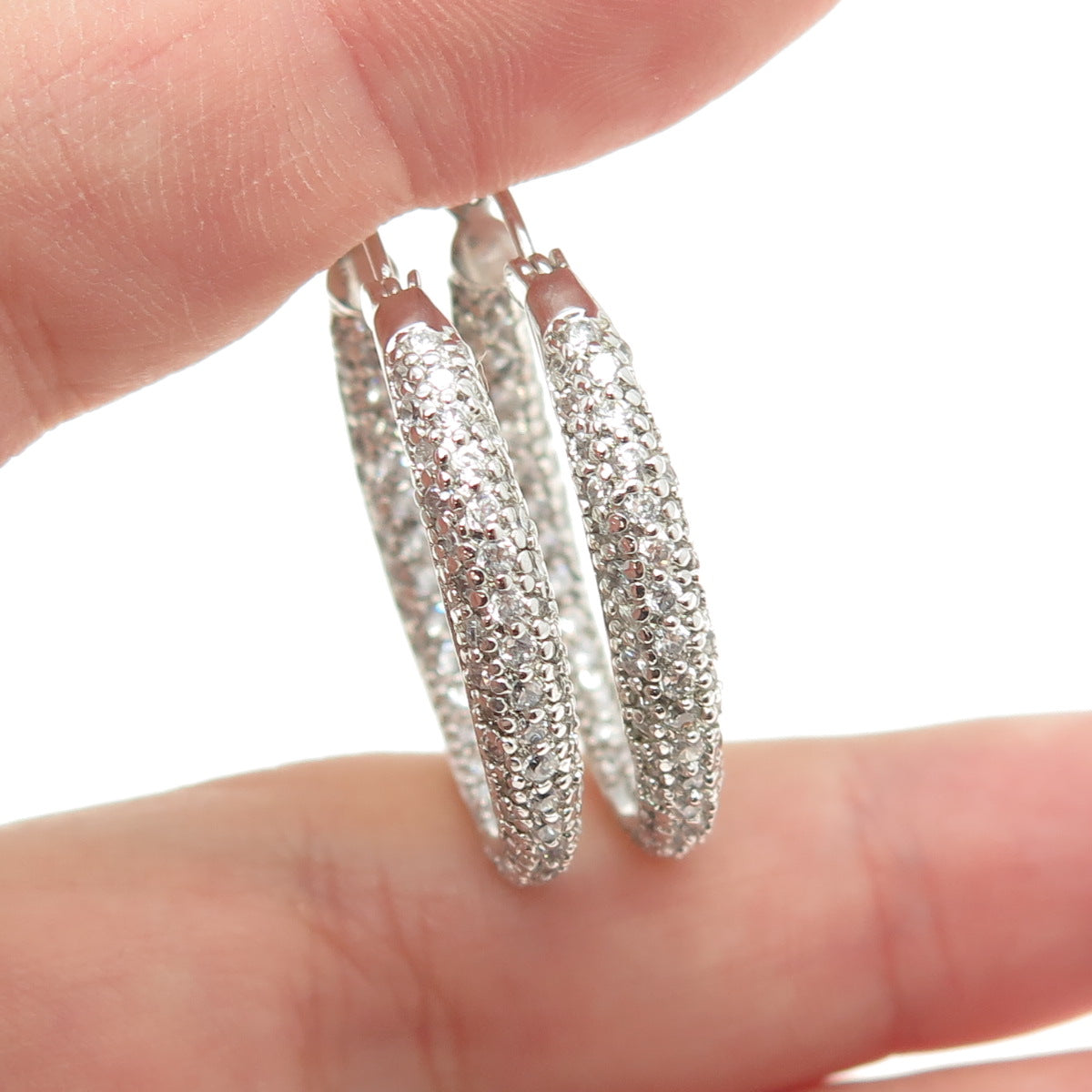 925 Sterling Silver Round-Cut C Z In & Out Oval Hoop Earrings