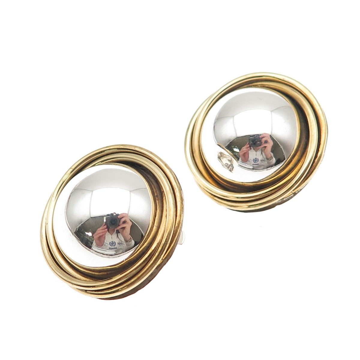 925 Sterling 2-Tone Vintage Mexico Modernist Trinity Dome Clip On Earrings