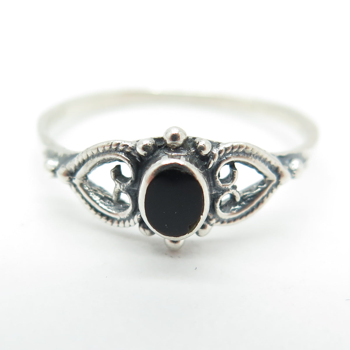 925 Sterling Silver Vintage Real Black Onyx Heart Ring Size 8.5