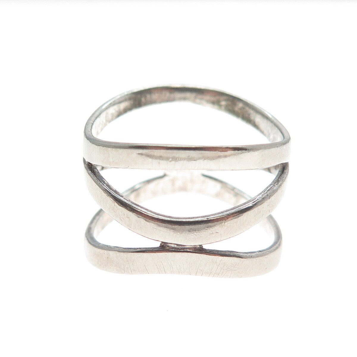 925 Sterling Silver Vintage Modernist Wavy 3-Row Oxidized Ring Size 8.75