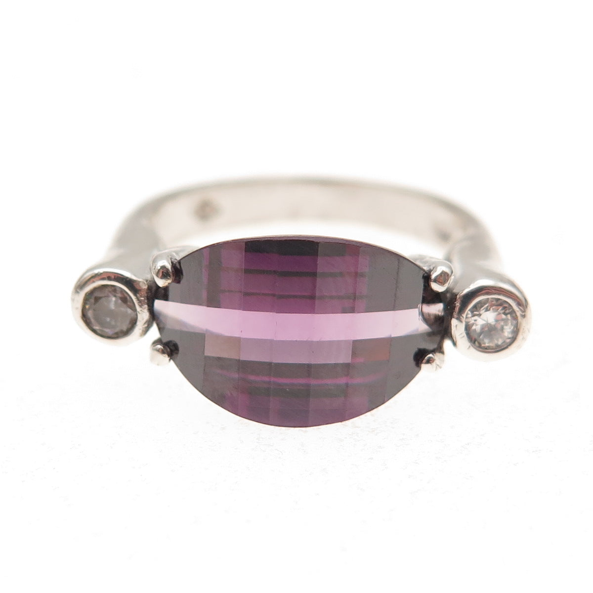925 Sterling Silver Vintage Purple & White C Z Modernist Ring Size 7.5