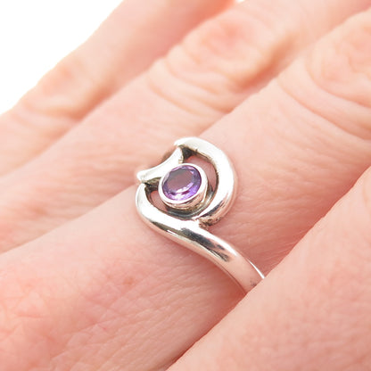 925 Sterling Silver Vintage Real Amethyst Modernist Swirl Ring Size 6.75
