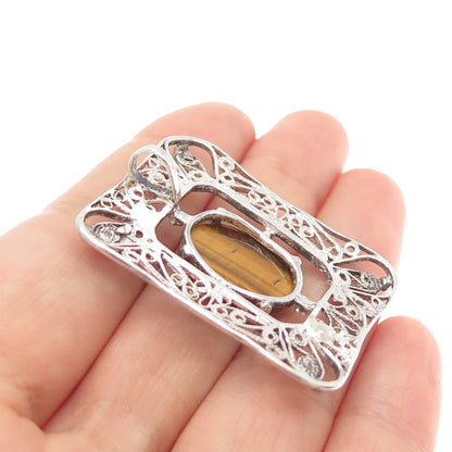 925 Sterling Silver Vintage Real Tiger Eye Floral Filigree Slide Pendant