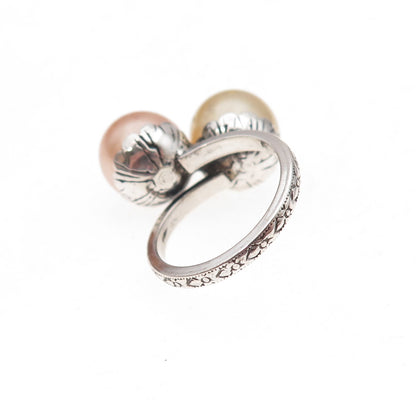 925 Sterling Silver Antique Art Deco Faux Pearl Bypass Adjustable Ring Size 3.75