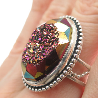 COLLEEN LOPEZ 925 Sterling Vintage Real Rainbow Druze Adjustable Ring Size 8.25