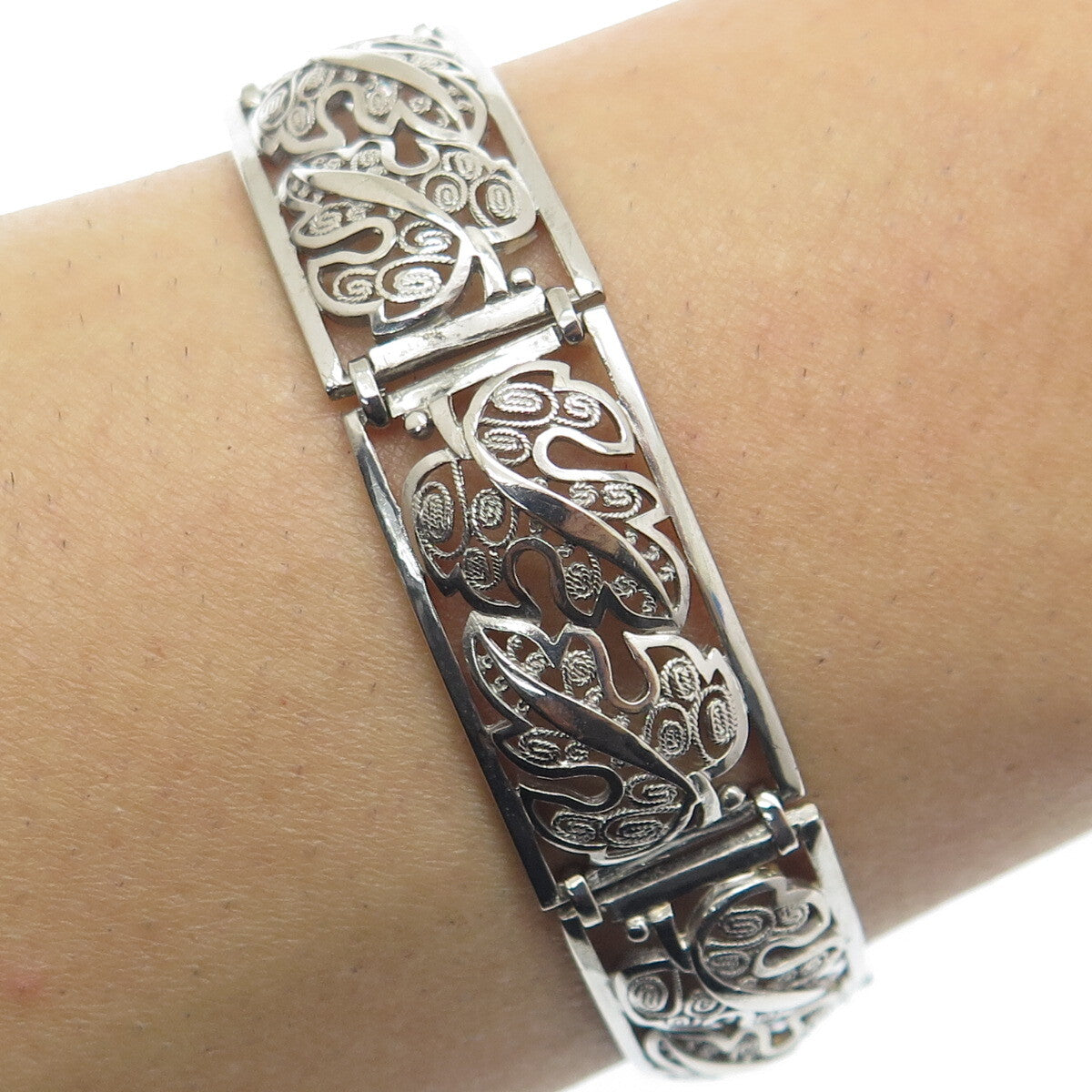 925 Sterling Silver Antique Germany Maple Leaf Panel Link Bracelet 7.25"