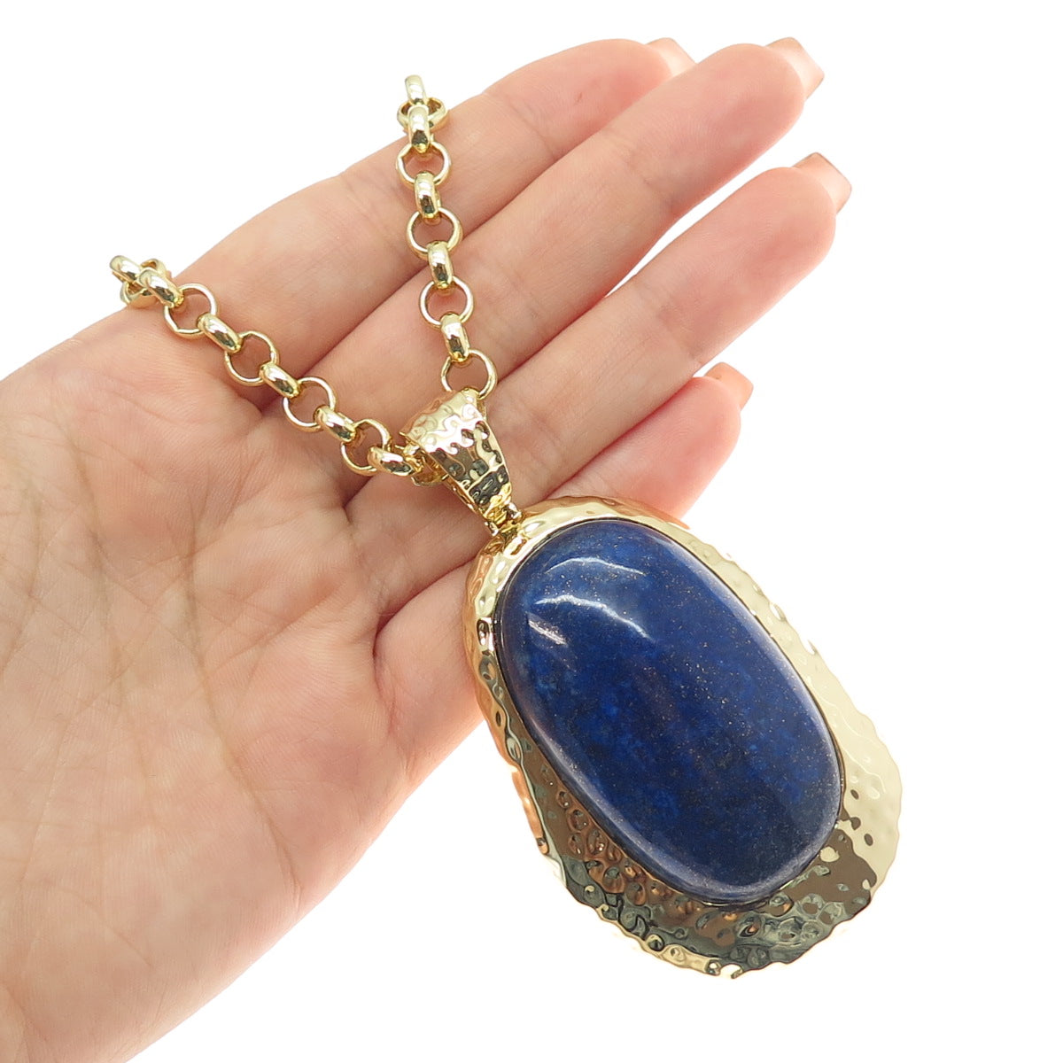 AIL Aluma Gold Plated Vintage Real Lapis Modernist Rolo Chain Necklace 18"