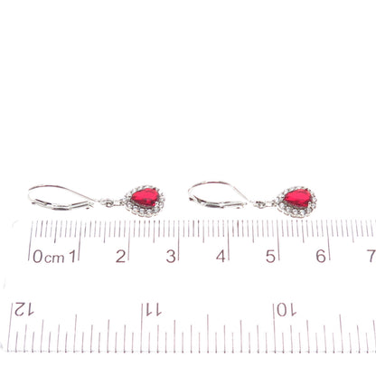 DSMK 925 Sterling Silver Real Red Garnet & C Z Teardrop Dangle Earrings