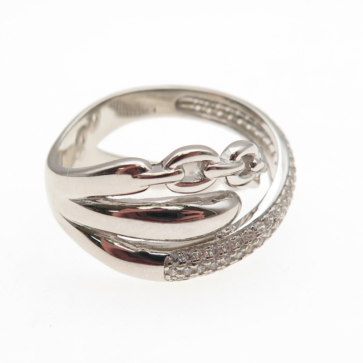 925 Sterling Silver Round-Cut C Z Multi-Chain Crisscross Ring Size 8.25