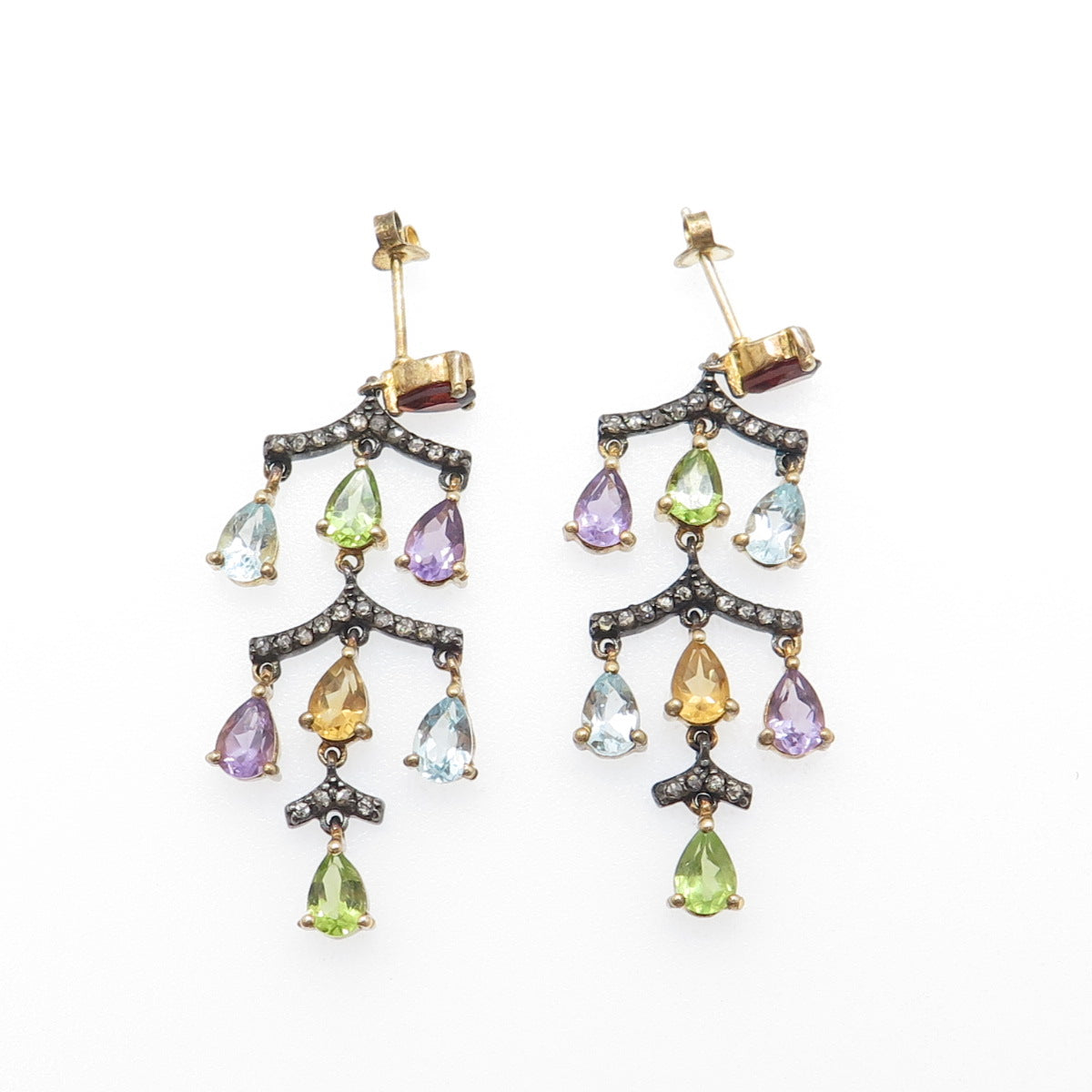 925 Sterling Silver Gold Plated Black Rhodium Real Diamond & Multi-Gem Earrings