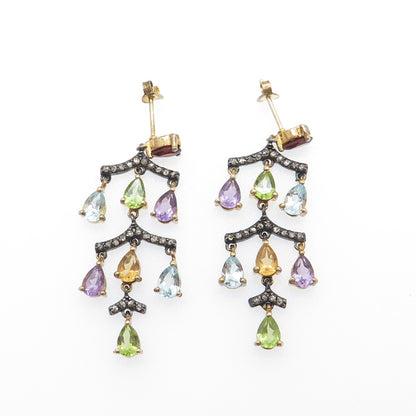 925 Sterling Silver Gold Plated Black Rhodium Real Diamond & Multi-Gem Earrings