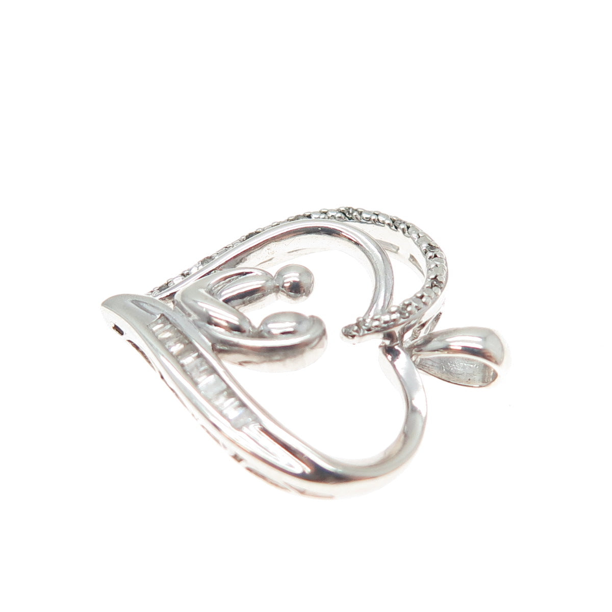SUN 925 Sterling Silver Real Multi-Cut Diamond Mom & Child Heart Charm Pendant