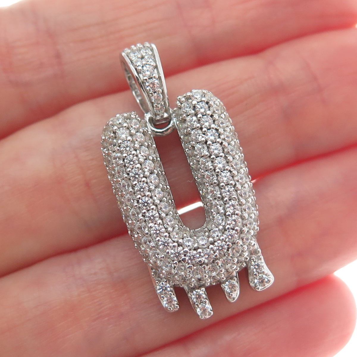 925 Sterling Silver Round-Cut Shaped C Z Letter U Initial Sparkle Pendant