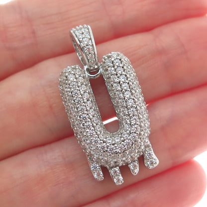 925 Sterling Silver Round-Cut Shaped C Z Letter U Initial Sparkle Pendant