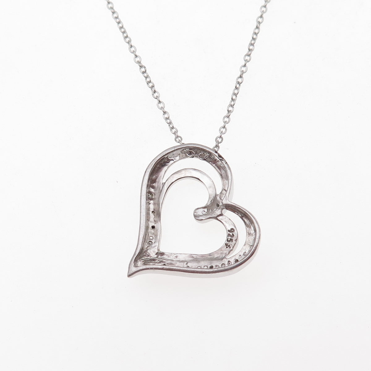925 Sterling Silver Real Round-Cut Diamond Heart Cable Chain Necklace 18"