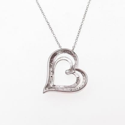 925 Sterling Silver Real Round-Cut Diamond Heart Cable Chain Necklace 18"