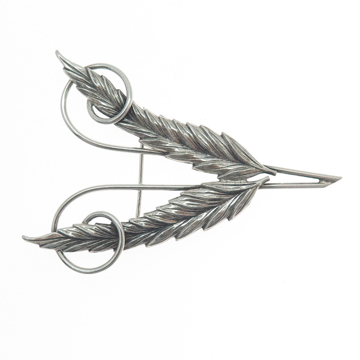 925 Sterling Silver Antique Art Deco Wheat Floral Oxidized Pin Brooch