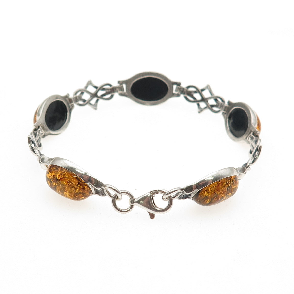 925 Sterling Silver Vintage Real Amber Celtic Knot Oxidized Bracelet 7.25"