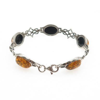 925 Sterling Silver Vintage Real Amber Celtic Knot Oxidized Bracelet 7.25"