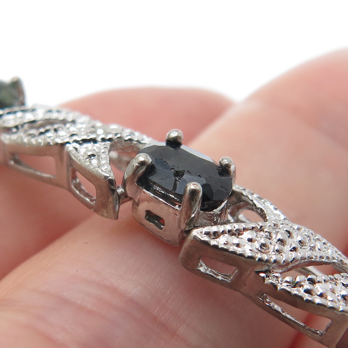 925 Sterling Silver Real Diamond Accent & Sapphire Gem XO Link Bracelet 7"