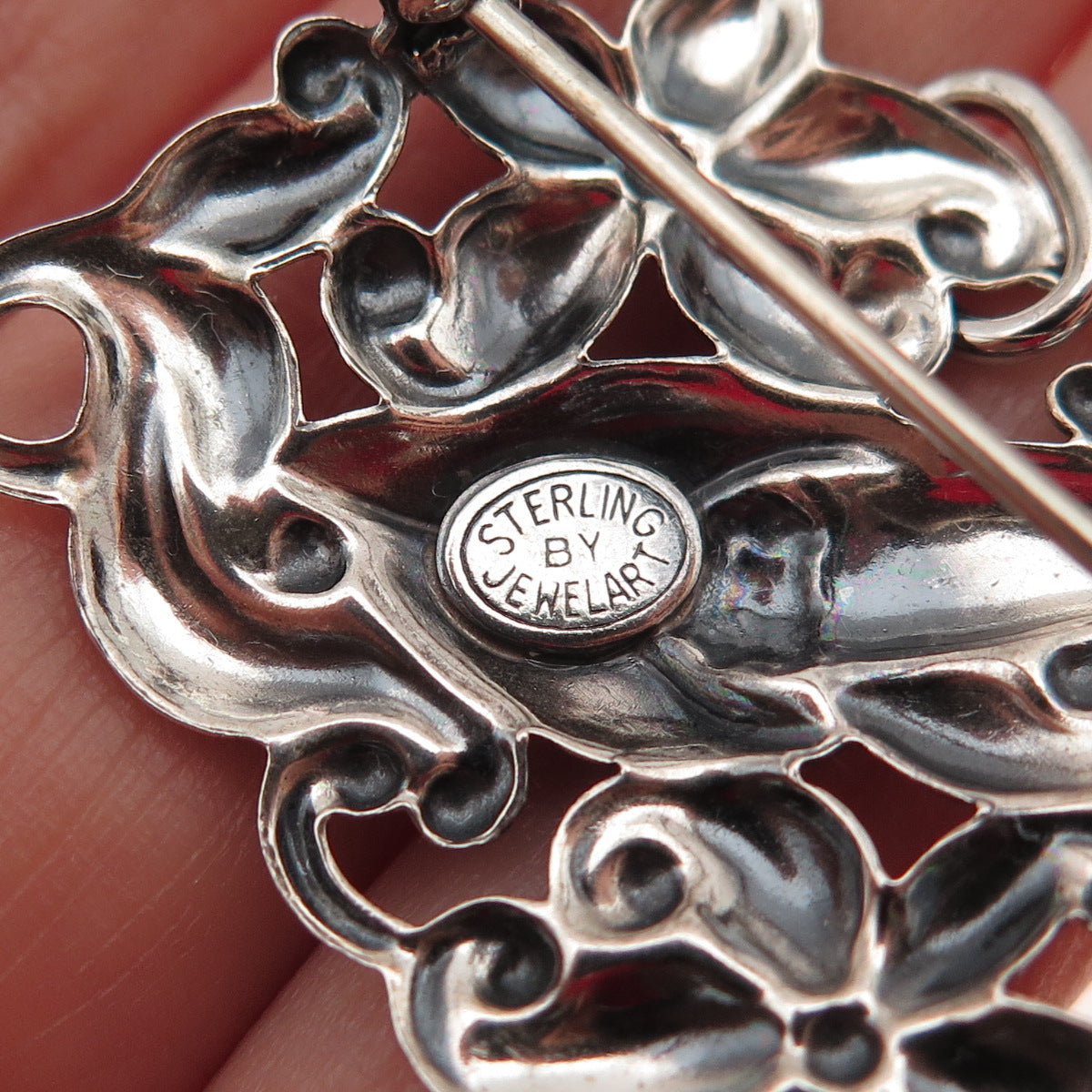 JEWELART 925 Sterling Silver Antique Art Deco Floral Oxidized Pin Brooch