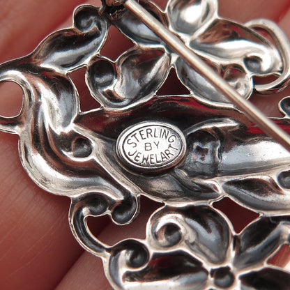 JEWELART 925 Sterling Silver Antique Art Deco Floral Oxidized Pin Brooch