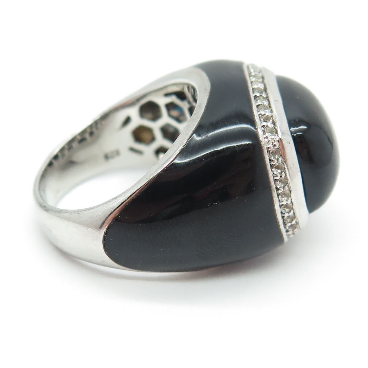 925 Sterling Silver Enamel Real Black Onyx & White Topaz Ring Size 7.25