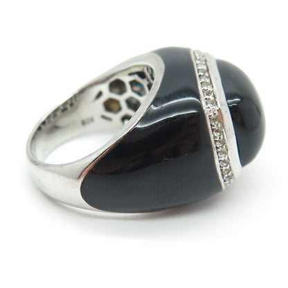 925 Sterling Silver Enamel Real Black Onyx & White Topaz Ring Size 7.25