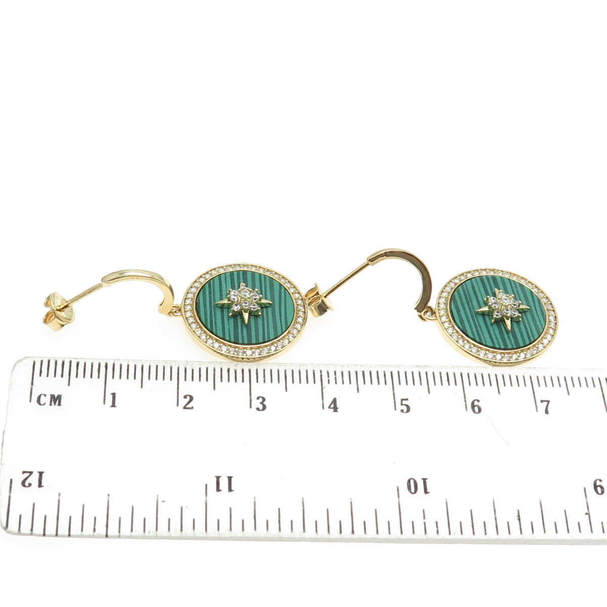 925 Sterling Silver Gold Plated Real Malachite & C Z North Star Earrings