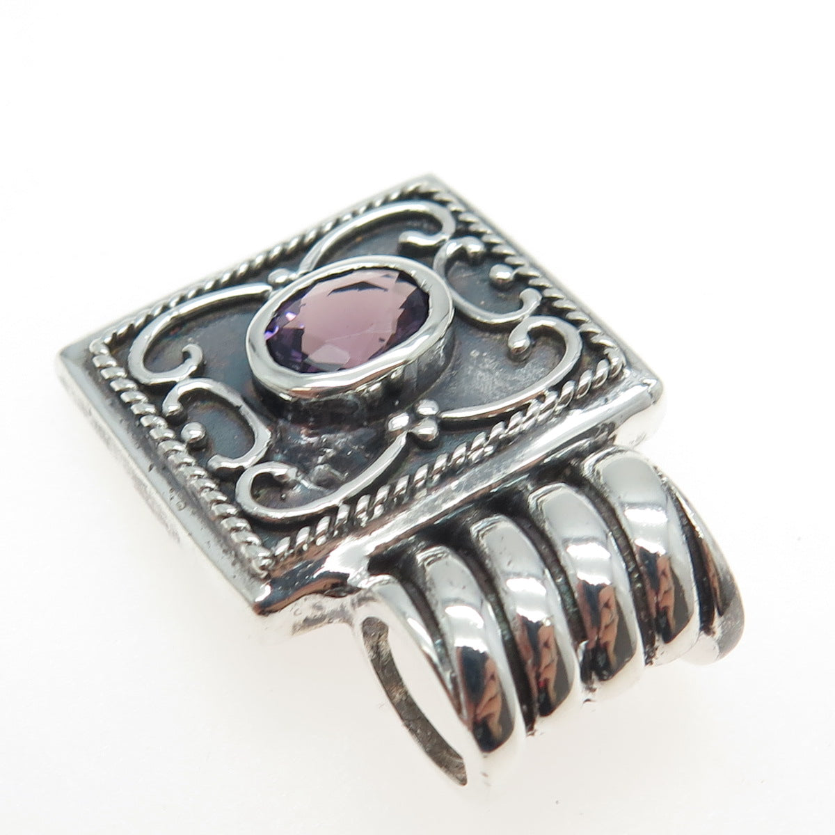 925 Sterling Silver Vintage Real Amethyst Gemstone Ornate Slide Pendant