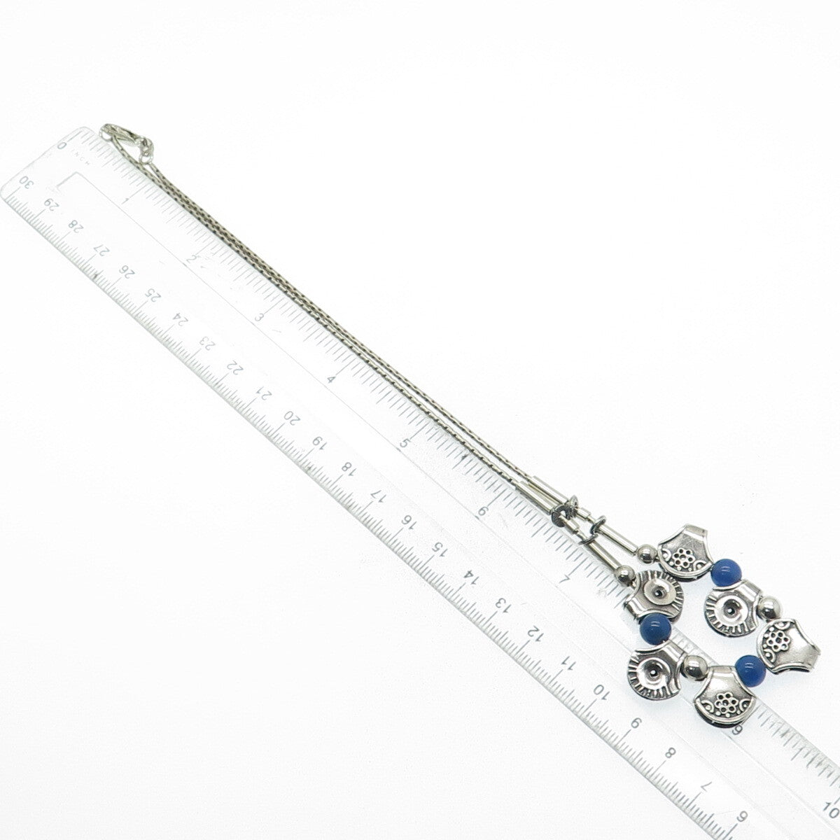 925 Sterling Silver Vintage Real Blue Chalcedony Modernist Chain Necklace 18"