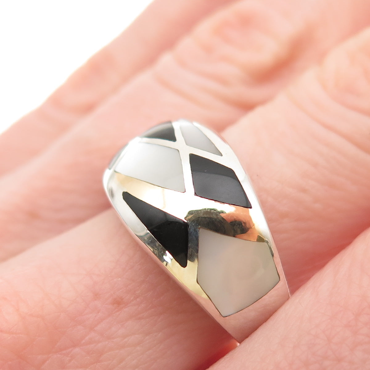 Eric Grossbardt 925 Sterling Silver 18K Gold Vintage Real MOP & Onyx Ring Size 7
